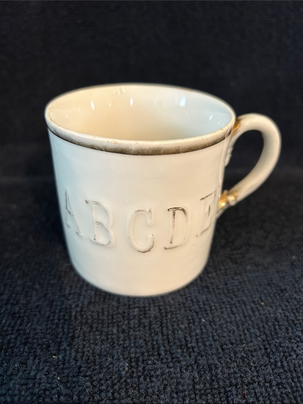 Vintage German White Alphabet Embossed Porcelain Child’s Cup with Gold Accents